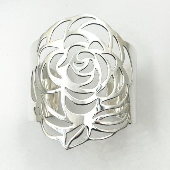 Chanel Rare 925 Solid Silver Camellia Cutout Bangle Cuff Bracelet - Picture 2 of 5